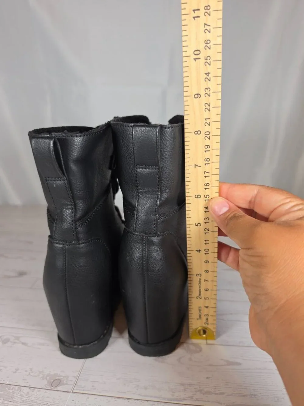 Universal Thread Black Ankle Boots Size 6.5 Lace Up Buckle Faux Leather Wedge